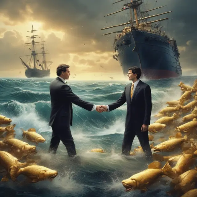 Executives receiving golden handshakes amidst companies facing financial crises, with sinking ships representing the impact on shareholders.