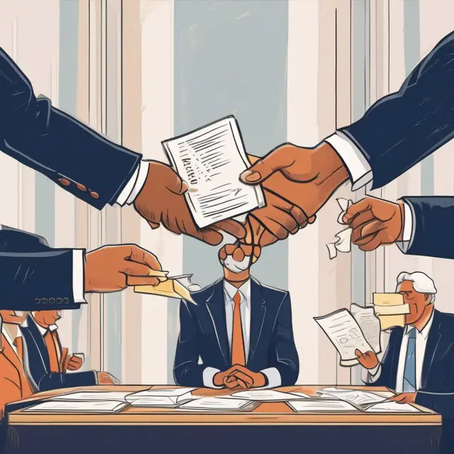 A golden-handed figure engages in transparent discussions with shareholder activists, symbolizing regulations and their impact on executive compensation