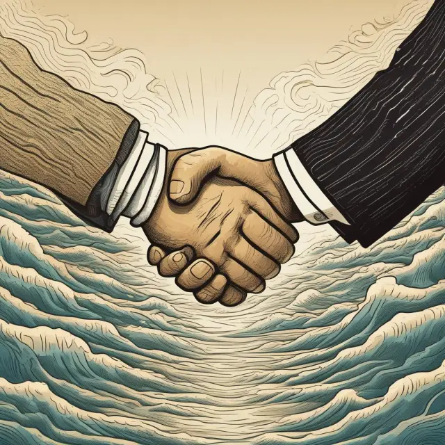 A golden handshake causing stormy seas, representing the impact on public perception and company reputation