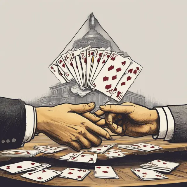 Executives playing a high-stakes card game with golden handshakes as the ultimate prize
