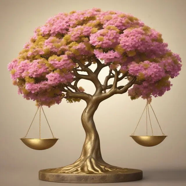 A balanced set of scales represents intergenerational fairness, while a growing tree signifies long-term investments