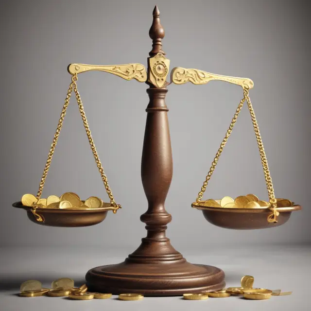 A set of balance scales with gold coins representing future generations on one side and the weight of current government expenditures counterbalanced by the golden rule.