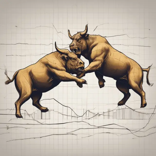 Bull and bear figures in a visually engaging struggle over a moving average chart, symbolizing golden cross and death cross signals