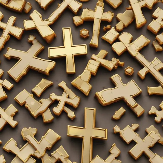 Two golden crosses radiating knowledge on historical market shifts, with charts representing the S&P 500, Nasdaq Composite Index, and Dow Jones Industrial Average