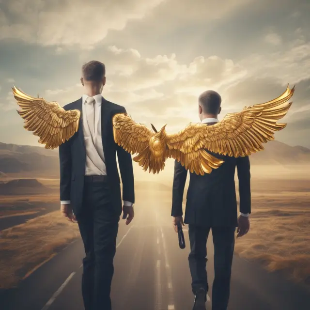 Image of executives with golden wings flying above a corporate landscape, symbolizing the security and freedom offered by golden parachutes.