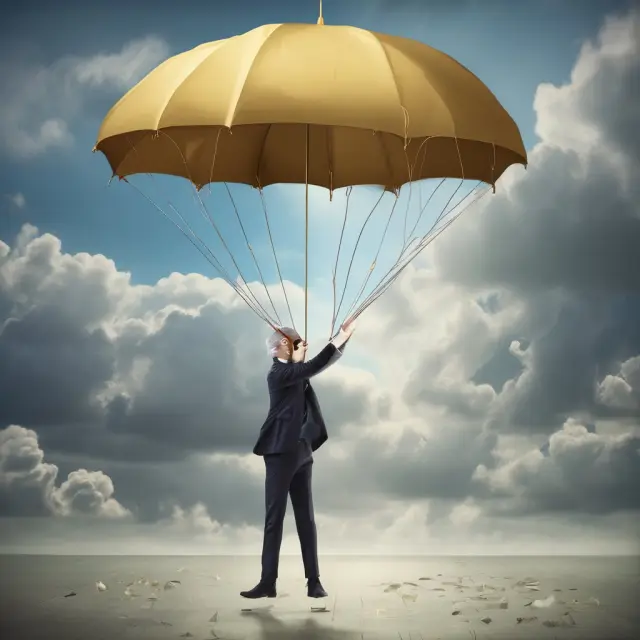 Golden parachute opens revealing cash bonuses, stock options, and ongoing benefits for executive during company takeover