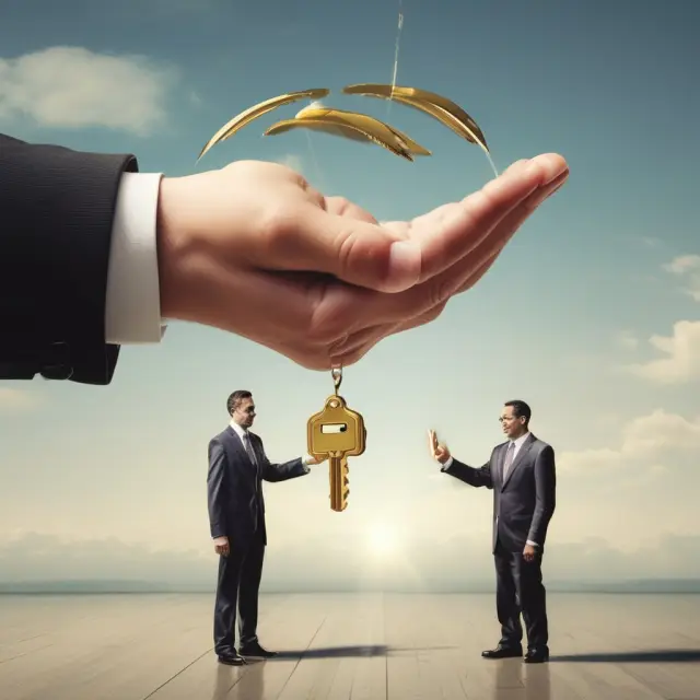 A golden executive with keys hands over a company during merger waves; parachute opens symbolizing security in change