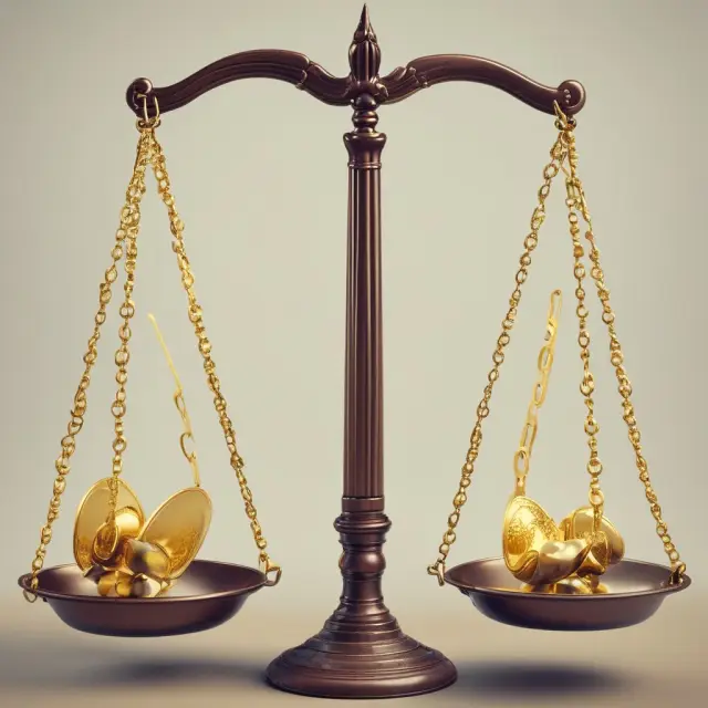 A balanced scale represents the debate between justice and wealth, as golden parachutes sway on the side of executive compensation