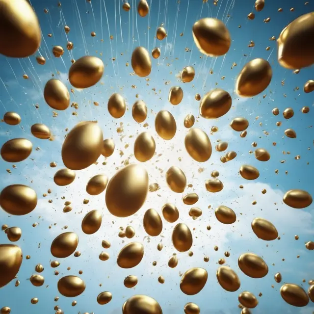 A shower of golden eggs signifying golden parachutes in corporate America, emphasizing their financial implications for executives