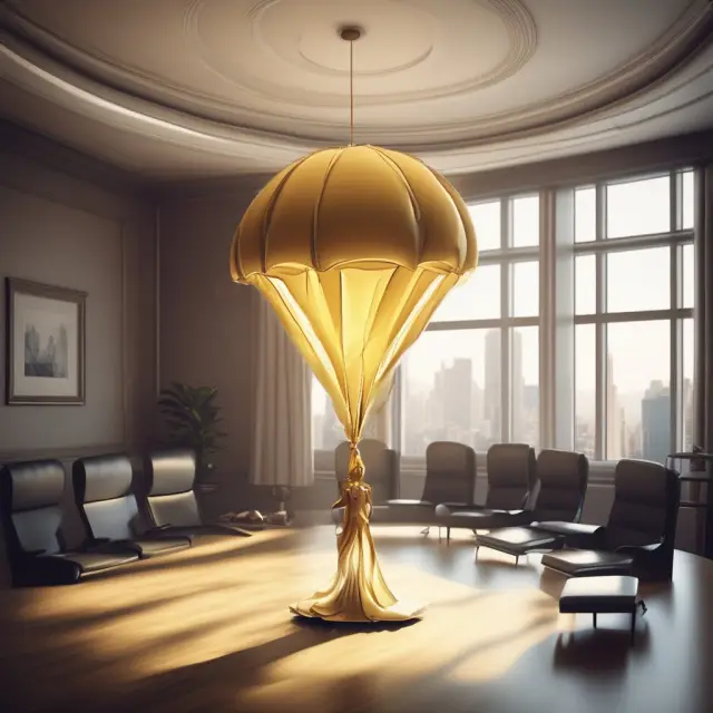 Executive signing merger deal with golden parachute unfurling above, symbolizing regulatory landscape and reforms