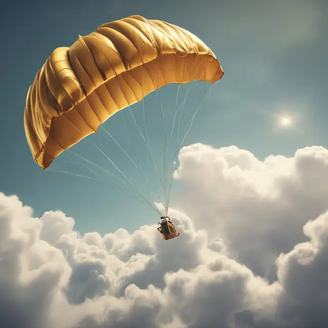 Golden parachute floating over business landscape with executives and shareholders
