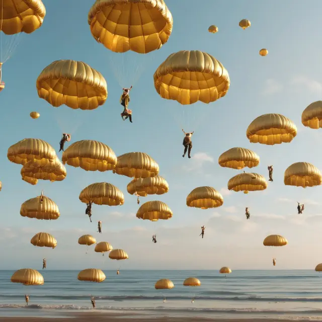 Golden parachutes floating above a tranquil sea representing shareholder value, with investors assessing the implications.