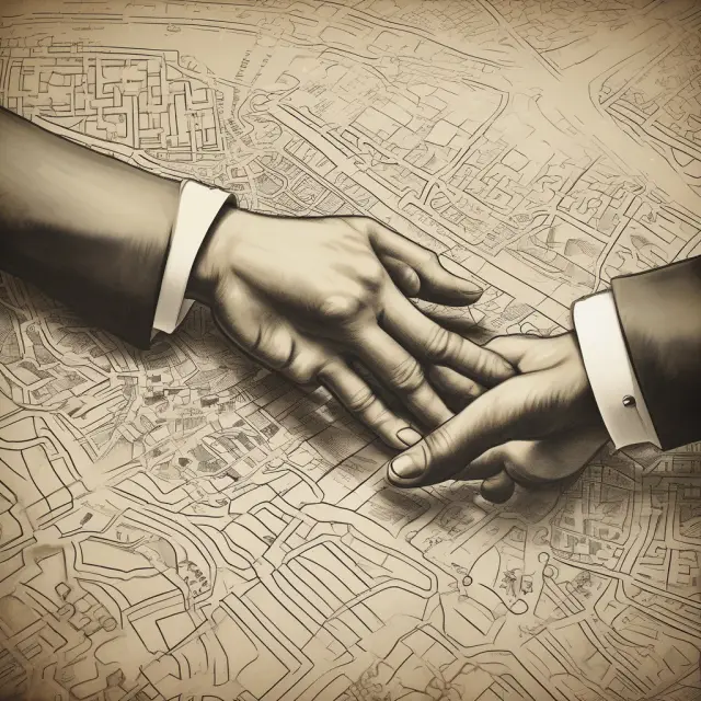 A golden hand holding onto a world map with strategic enterprises labeled