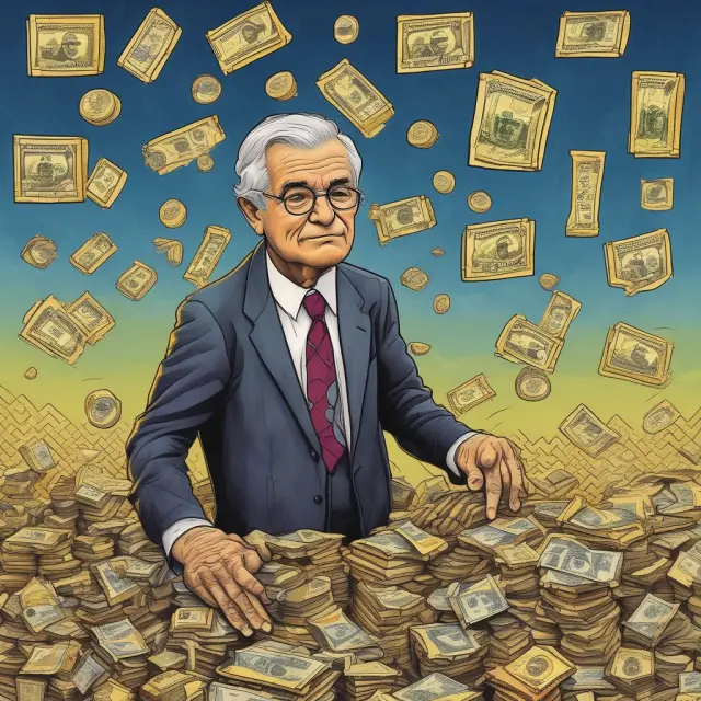 Fed chairman poised over balance scale with goldilocks economy symbols. Adjusting interest rates and conducting open market operations to maintain the ideal state