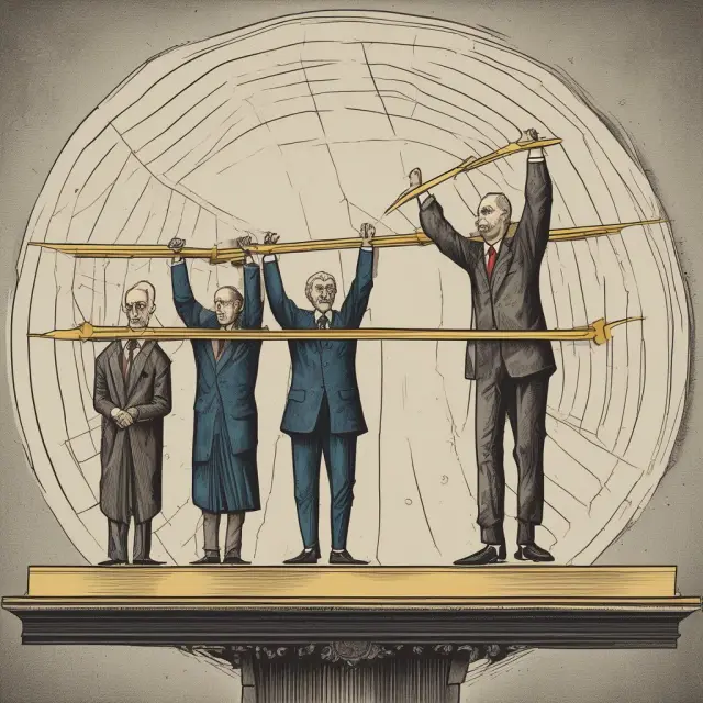 Goldilocks Economy: A golden balance beam supported by fiscal and monetary policies, with central bankers fine-tuning weights of economic indicators