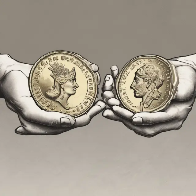 Two hands holding gold coins, representing fixed exchange rates and convertibility within the gold standard system
