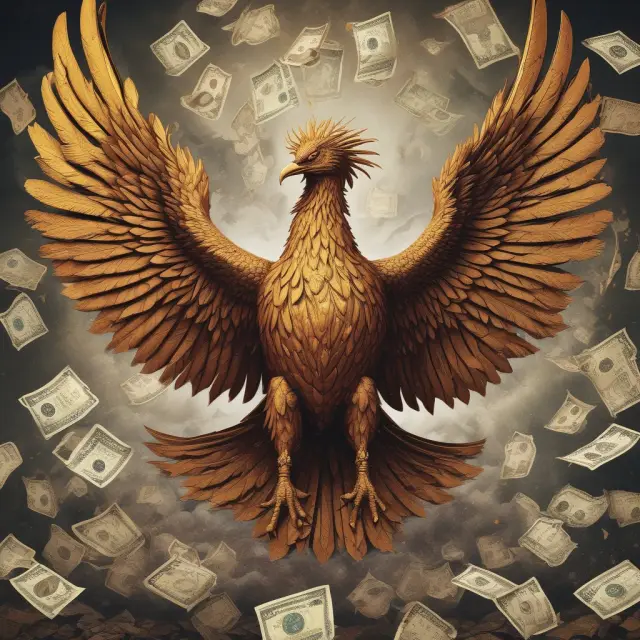 Phoenix rising from gold and paper money, representing the evolution of traditional currencies to fiat systems