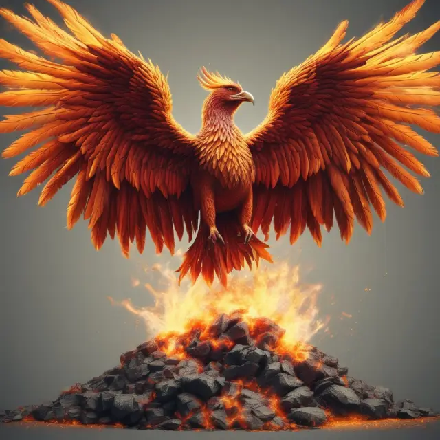 A mythical phoenix rises above credit reports, representing the transformation from poor to good credit scores