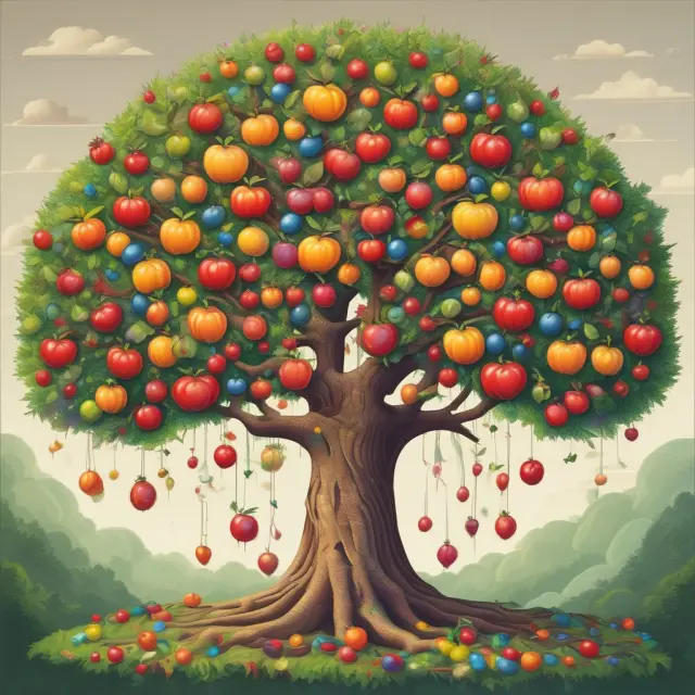 A thriving tree laden with fruit, representing good credit scores, symbolizing financial growth and stability