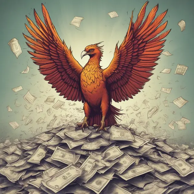 Phoenix rising from debt pile, symbolizing credit score improvement