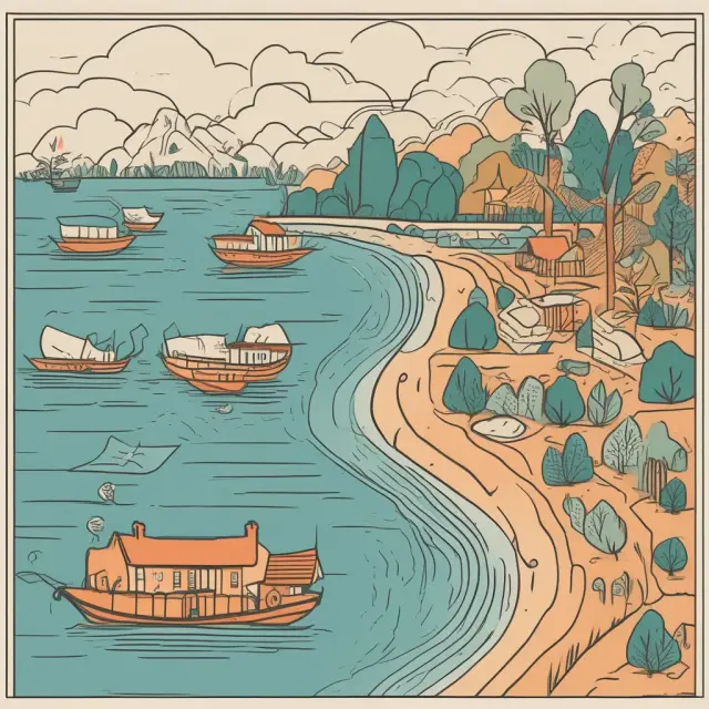 An idyllic riverbank representation of credit scoring factors: Payment History, Credit Utilization, Length of Credit History, Credit Mix, and New Credit.
