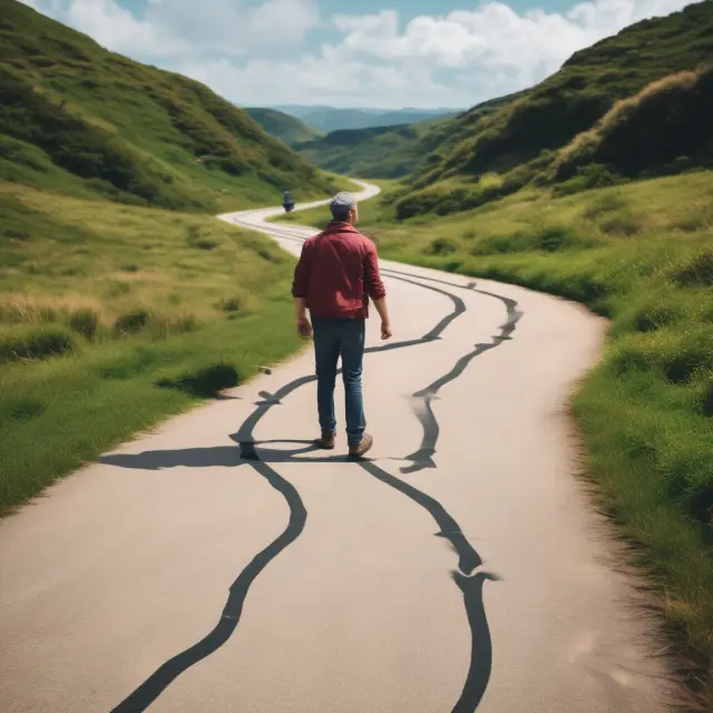 A borrower walking on a winding path, carrying a backpack filled with payment history records. They cross a bridge balanced on two scales, representing debt reduction and credit utilization.