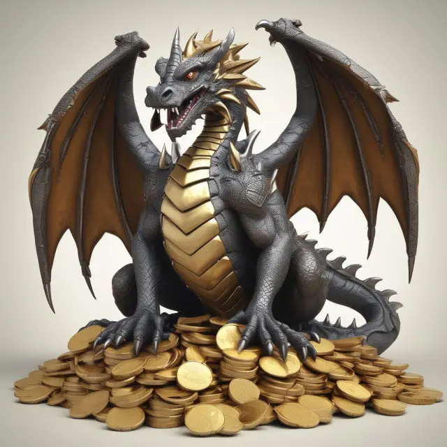 A fiery dragon guards a hoard of golden coins symbolizing credit score wisdom, as it debunks common misconceptions.