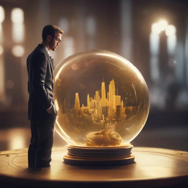 Investor examining GTW tickets in a crystal ball, emphasizing market foresight and event-driven trades