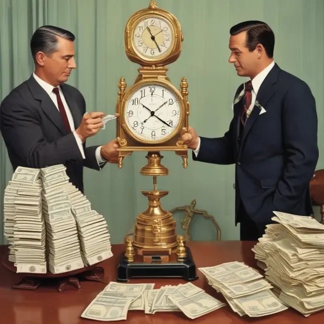 Bond dealer transferring good delivery: gold scales for par value, clock for maturity date, and stacked coupons