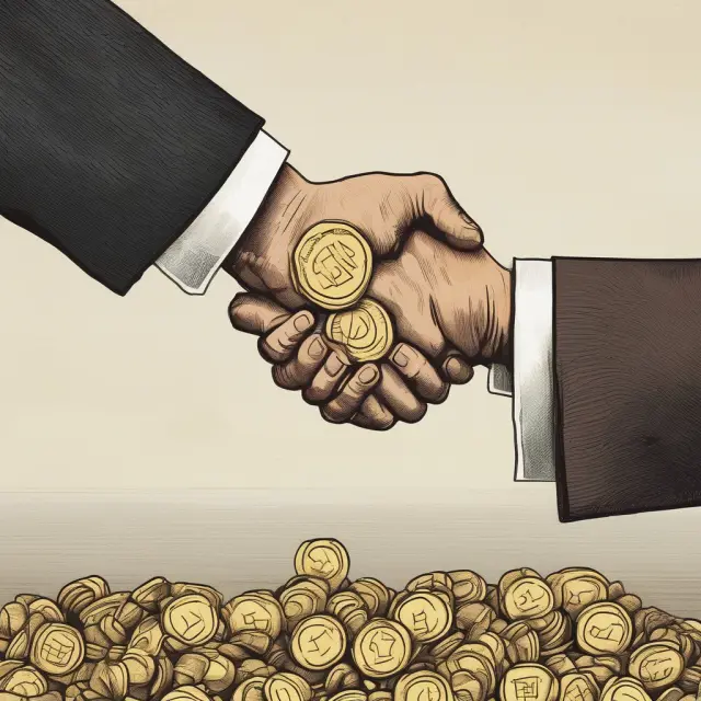 A handshake between two individuals exchanging a pile of gold coins, signifying the agreement on terms in a Good Faith Money transaction.