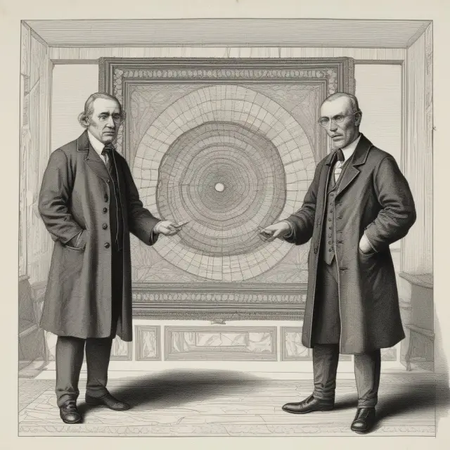 An image of Russian mathematicians Kolmogorov and Smirnov weaving a tapestry, representing the KS test, which uncovers differences between observed and expected distributions in finance.