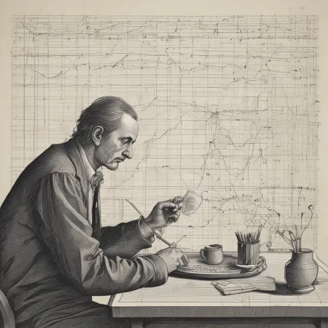 Statistician contemplating goodness-of-fit test results: Mosaic of observed and expected values, with balanced scale for null hypothesis decision.