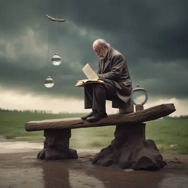 Investor weighing financial implications of goodwill impairment, balancing books with crystal ball amidst rainstorm symbolism for change and uncertainty.