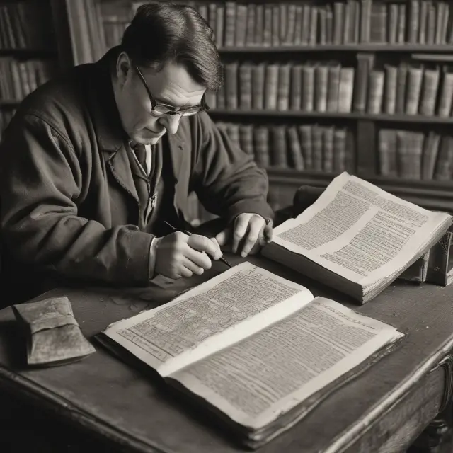 An accountant studying a large book with magnifying glass while looking concerned, representing goodwill impairment tests