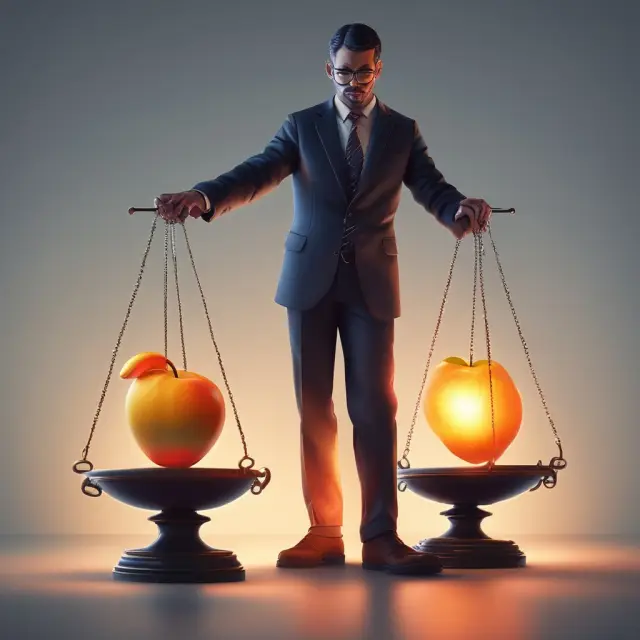 An investor weighs the intangible asset of goodwill against other factors on a balance scale, assessing its impact on net income and EPS.