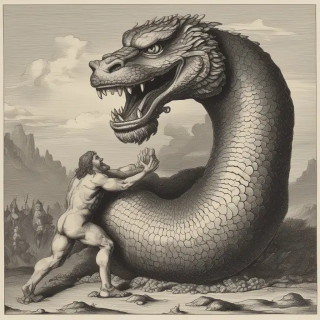 Two giants struggle with a serpent, symbolizing the difficulties of valuing and managing goodwill in corporate acquisitions.