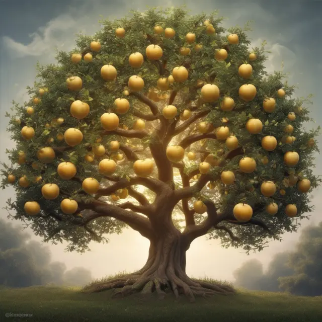 Goodwill portrayed as a golden apple tree providing strength to a flourishing business. Metaphorically represents intangible assets contributing to growth.
