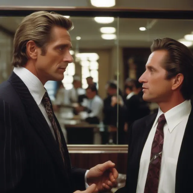 Michael Douglas contemplating the moral dilemma of emulating Gordon Gekko
