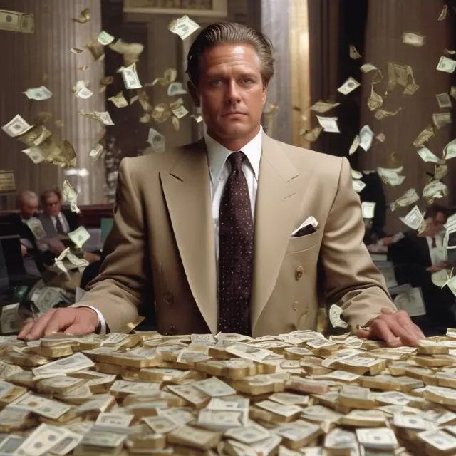 Gordon Gekko in a suit, standing in a crowded Wall Street scene surrounded by gold bars and dollar bills, symbolizing the greed of the 1980s financial era.