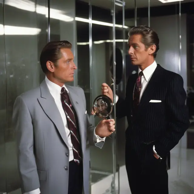 Gordon Gekko in a dark suit, looking into a mirror as a moral compass emerges, symbolizing the transformation of greed into ethics