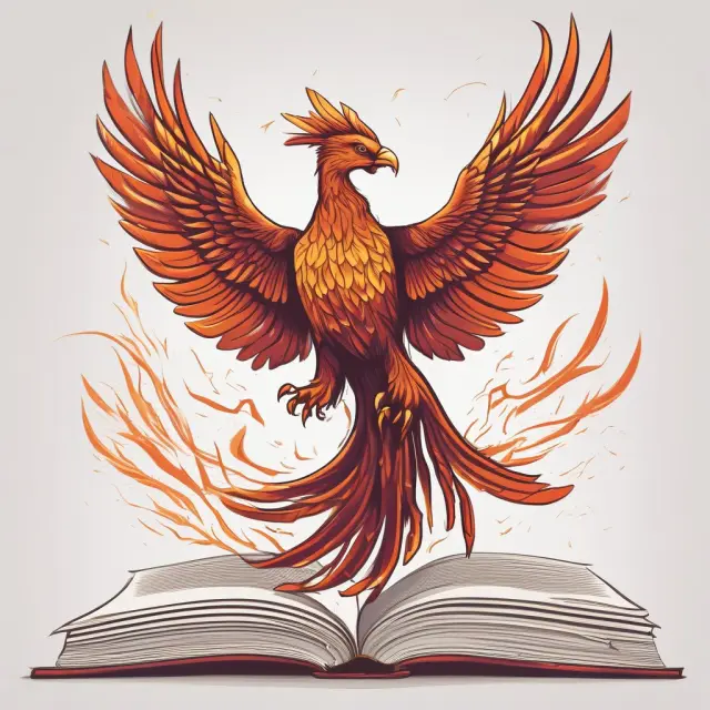 A phoenix emerging from an open book labeled 