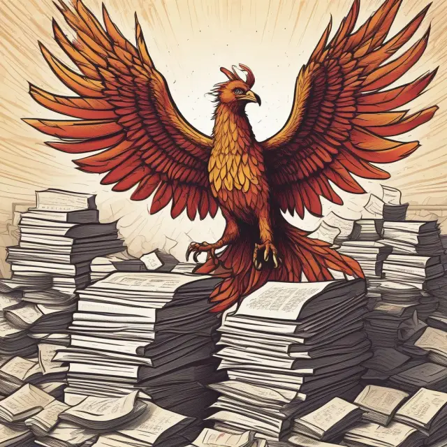 Phoenix rising from a pile of account books, symbolizing the Government Accounting Standards Board