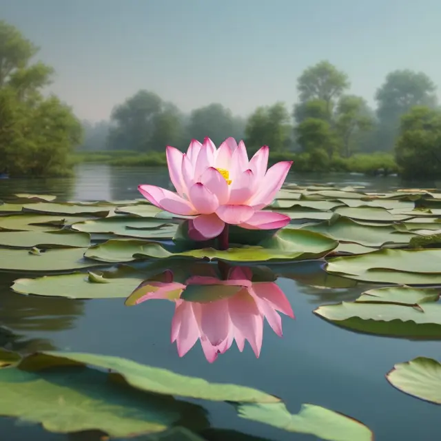 A lotus flower blossoming in a clear pond, symbolizing the benefits of receiving a government grant: financial resources, prestige, and opportunities for growth