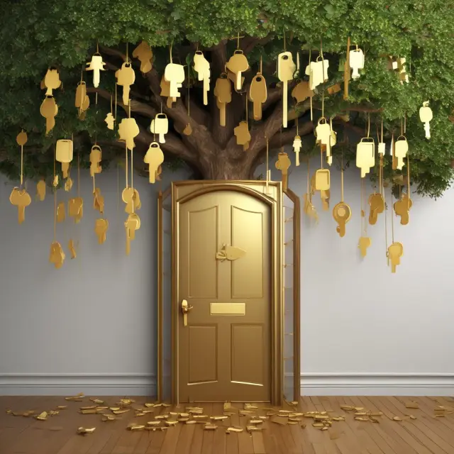 A golden key representing government grants, and a branch with leaves symbolizing loans, illustrating different types of financial aid available for projects and organizations.