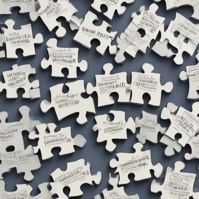 An intricately designed puzzle depicting the various elements of government grant reporting: financial records, progress updates, performance measurements, and final summaries.