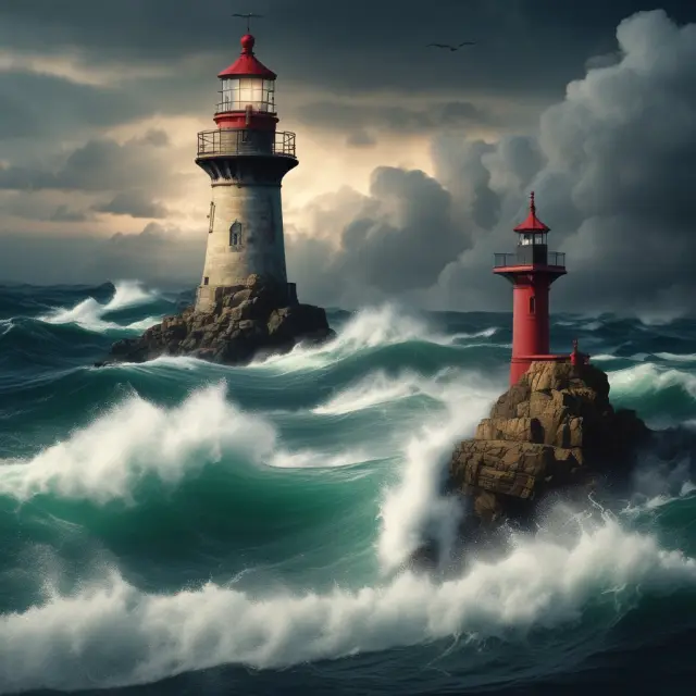 A person sailing a small boat through rough seas, competing pirates in hot pursuit, a lighthouse grant writer illuminating the path, and a storm warning of potential scams on the horizon
