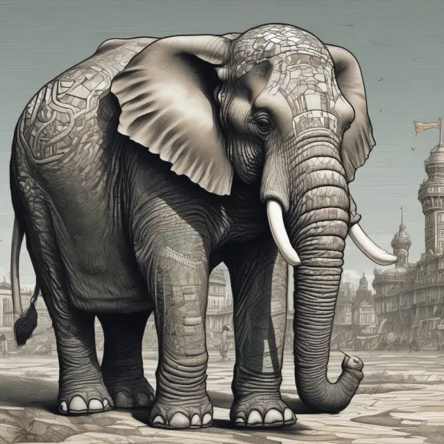 An elephant, symbolizing the Government of Singapore, carefully managing and preserving a diverse global financial mosaic as a sovereign wealth fund