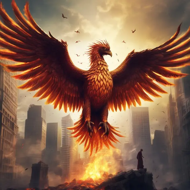 Phoenix rising amidst charts representing financial instability, emphasizing GIC