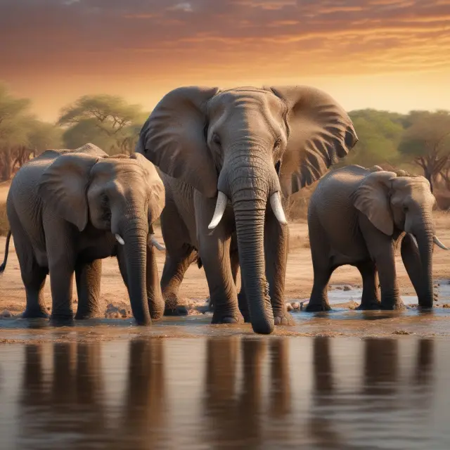Three majestic elephants symbolizing GIC, ADIA, and Norges Bank Investment Management converge at a watering hole, representing their comparative analysis