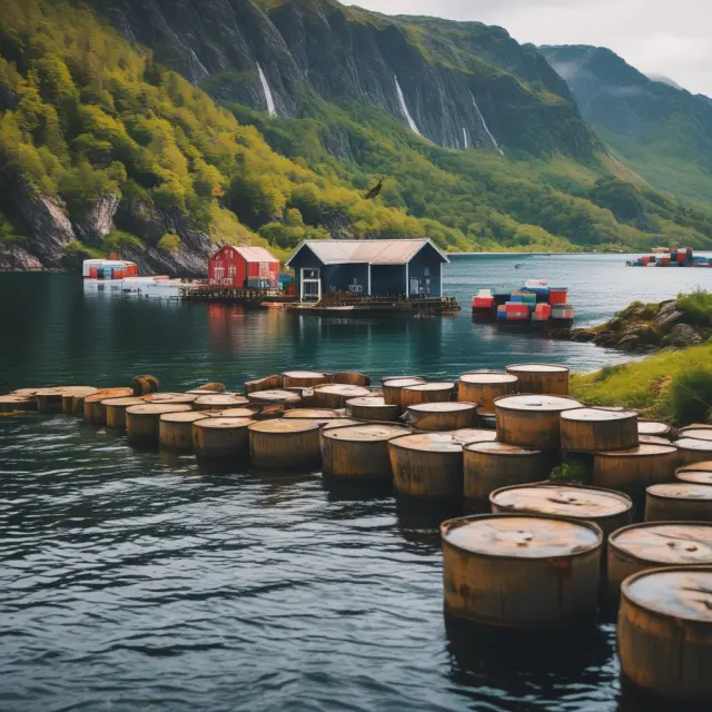 A tranquil Norwegian fjord with a steady hand guiding oil barrels, symbolizing GPFN